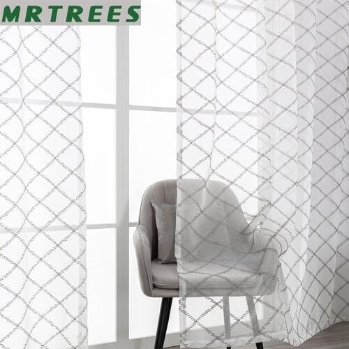 MRTREES Embroidered Quadrilateral Geometry Sheer Curtains for Living Room Bedroom Curtains Kitchen Window Treatment Voile Drapes