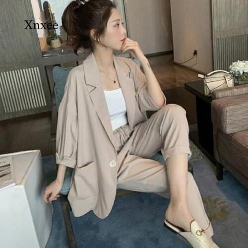 New Loose Suit Two Piece Suit Half Sleeve Coat Trousers Outfit Casual Women Clothes High Waist Vintage Korean Bow Fashion Outfit