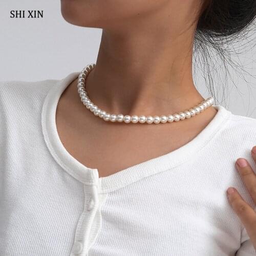 SHIXIN Simple Imitation Pearl Choker Necklace Women Korean White Pearls Beads Short Choker Collar 2021 Necklaces Fashion Jewelry