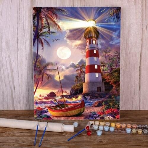 Landscape Lighthouse DIY Paint By Numbers Set Acrylic Paints 50*70 Canvas Painting Wall Paintings For Handicraft
