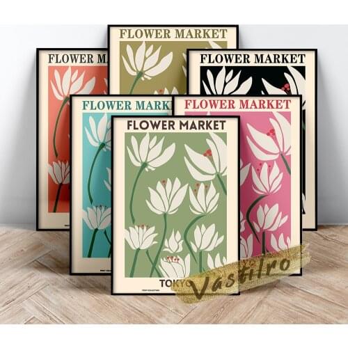 Tokyo Flower Market Series Poster, Nordic Color Plant Wall Stickers, Black Green Pink Flower Leaf Wall Picture, Trave Flora Gift