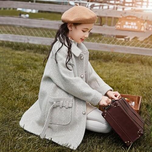 High End Girls Woolen Coat Fall Winter Long Cotton Padded Thickened Soft Woolen Jacket Overcoat Kid Noble Woollen Outerwear P383