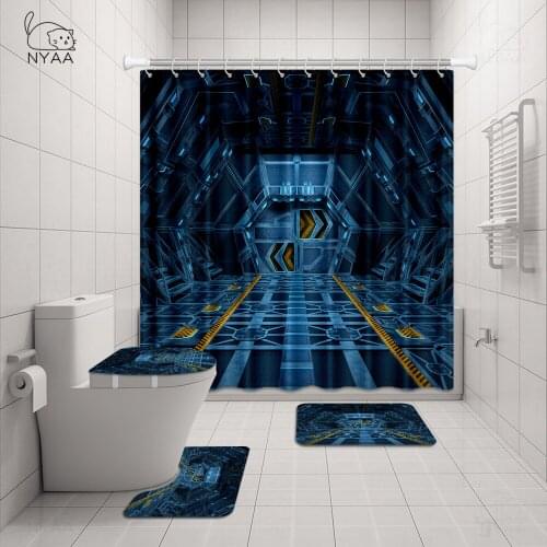 Blue Spaceship Interior Printed Curtain For Bathroom Shower Anti-slip Bath Mat Sets Toilet Cover Kitchen Carpet