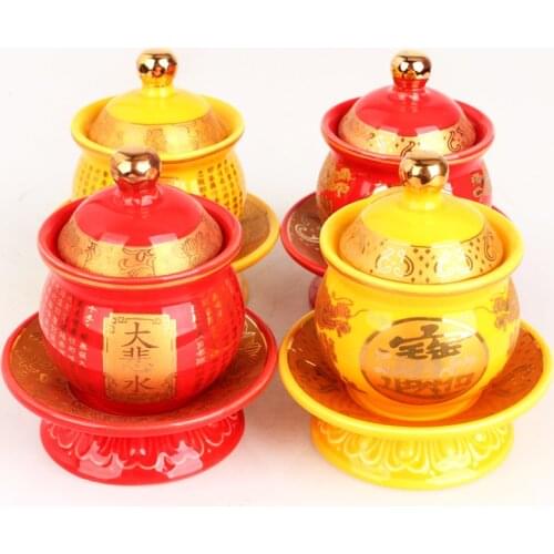 Ancient Sacred Lotus Holy Water Cup Bright-coloured yellow, red dragon Empaistic Pure Water Cup Set Buddhist supplier