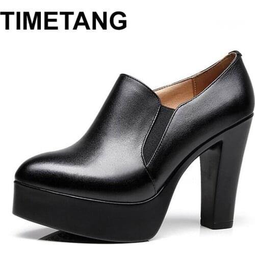 TIMETANGDeep Mouth Thick Heel Pumps Women Platform Shoes 2019 Leather Pointed Toe High Heels Woman Office Shoe BlackE1302