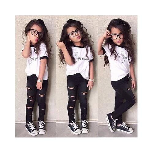 Baby Kids Top Shirt Letter Tops Ripped Pants Cut Trousers 2pcs Outfits Set Cute Baby Kids Girls Summer Clothes Outfits 2-7 Years