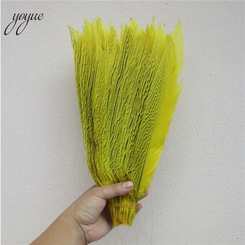 YOYUE 50pcs/lot 35-40CM Yellow Silver Pheasant Tail Feathers Wedding Decorations lady amherst white silver chicken feather plume