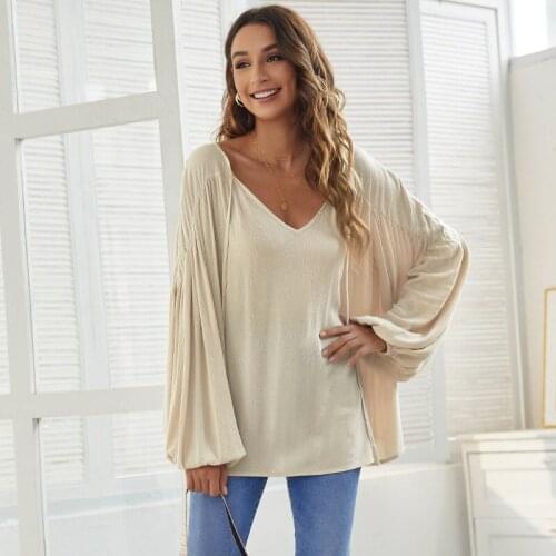 100% Rayon Loose Casual Korean T-shirt Women New Solid Color V-neck Lantern Long Sleeve Simple Elegant Pullovers Autumn Winter