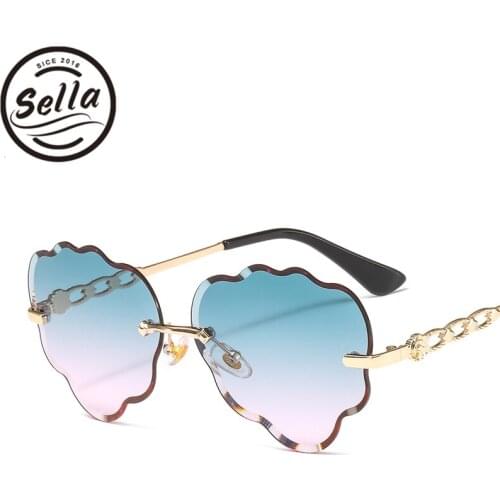 Sella New Arrival Trending Ocean Color Gradient Lens Rimless Sunglasses Curve Cutting Rim Purple Vintage Fashion Sun Glasses