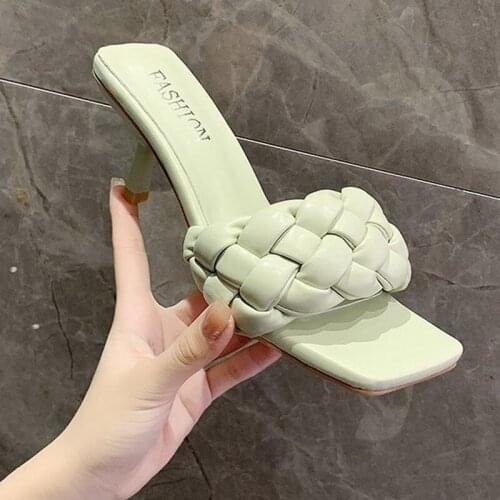 Ladies Thin Heels Slippers Womens Summer Flip Flops Pu Leather Female Waterproof Mid Heels Shoes Woman Square Toe Shoe 2021