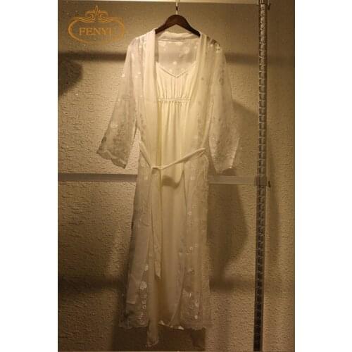 Free Shipping 2016 New Spring and Summer Womens Long Thin Robe Beige Sleepwear Chiffon Nightgown Two Pieces Set