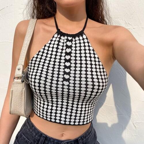 2021 Summer Plaid Knitted Crop Top Women Sexy Backless Heart Sleeveless Tops Cute Halter Off Shoulder Bandage Female Clothes