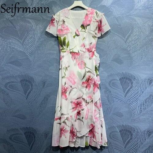 Seifrmann New 2021 Summer Women Fashion Runway Long Dress Ruffles High Waist Floral Print Ladies Asymmetrical Dresses Vestidos