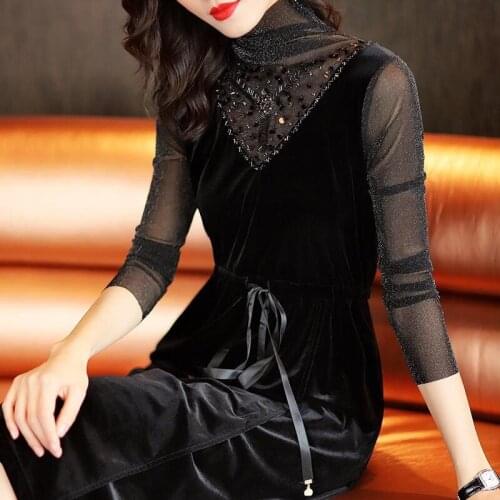 Spring Fall Fashion Women Beads Sequined Mesh Patchwork Glitter Velour Dress Womens Long Sleeve Turtleneck Black Velvet Dresses