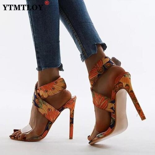 2021 Sexy High Heels Transparent Shoes Women Pumps Peacock Print Pointed Thin Heels Shoes Summer Sandals Women Heels