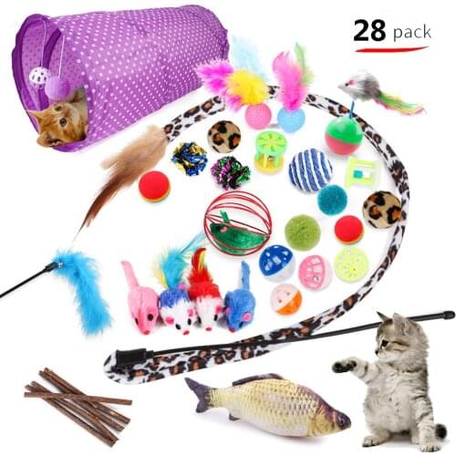 28Pcs Cat Toys Set Kitten Toys Assorted Cat Tunnel Catnip Fish Feather Teaser Wand Fish Fluffy Mouse Mice Balls and Bells Toys