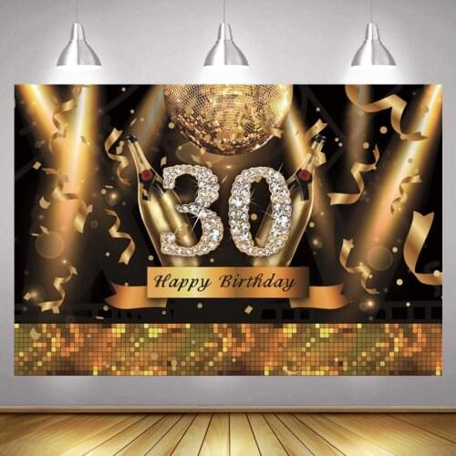 30th Photo Backdrop Gold Champagne Happy Birthday Party Light Flower Decoration Men Lady Photography Backgrounds Banner