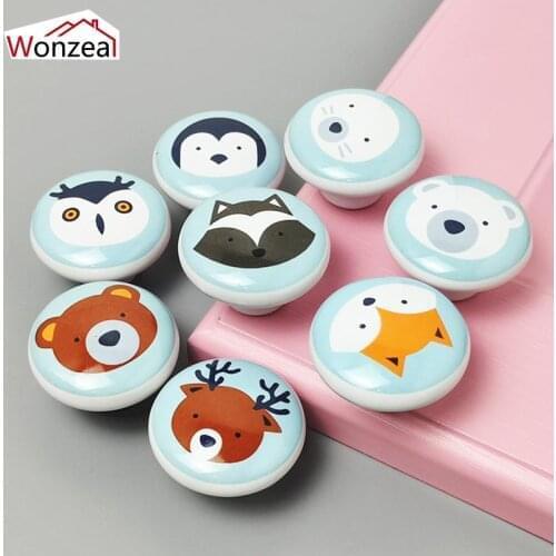 4PCS Children Room Animal Ceramic Cabinet Knobs Single Hole Cupboard Handles With Screws Furniture Hardware