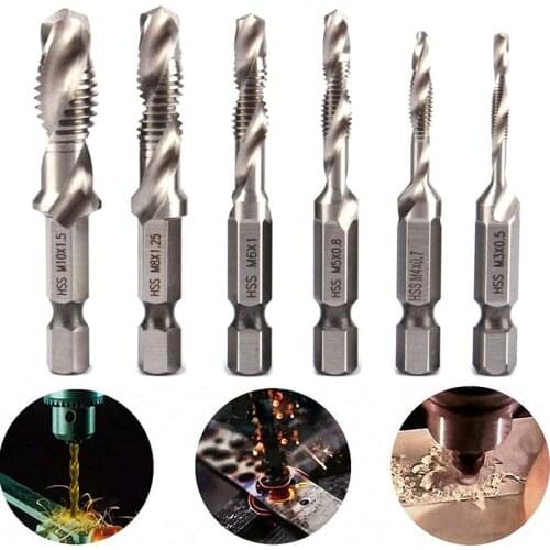 6 Pcs Set Titanium Combination Drill Tap Bit with Compound, 1/4" HSS Spiral Hex Shank Screw Metric Thread M3-M10 Tapping Tools