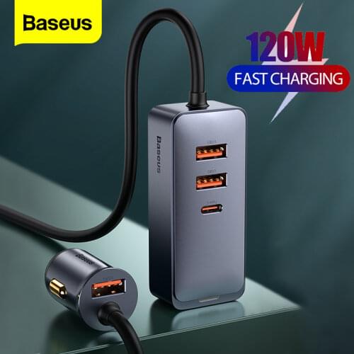 Baseus 4 in 1 120W USB Type C Fast Charge Car Phone Charger Quick Charging Car Cigarete Lighter Expasion Adater PD QC For iPhone