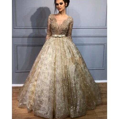 Glaring Sheer Ball Gowns 2019 Prom Dresses Illusion Gold beading Lace Heavy Beading Evening Dresses Long Vestidos De Festa