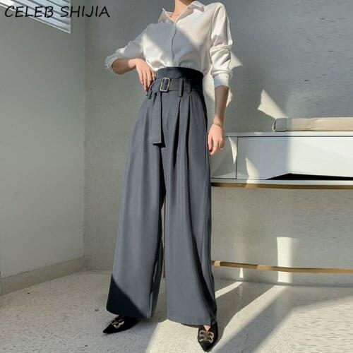 Chic Korean Loose Trousers Woman High Waist Gray Solid Wide Leg Pants Woman Bottom Business Elegant Womans Pants Mom Autumn