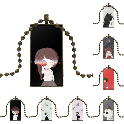 For Schoolgirl Maxi Animal Scenery Paint Glass Cabochon Pendant Necklace Rectangle Fashion Necklace