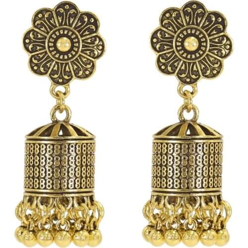 Ethnic Hollow Flower Turkish Jhumka Earrings For Women Vintage Indian Jewelry Silver Color Bell Tassel Dangling Earrings Jewelry