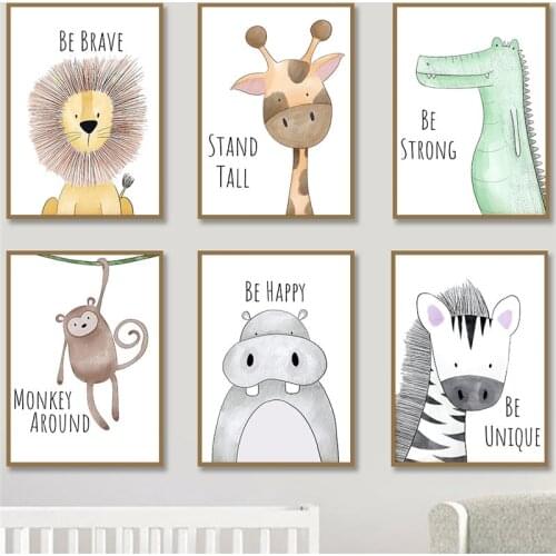 Nursery Room Animal Prints & Posters Inspirational Quote Giraffe Monkey Lion Be Brave Strong Happy Canvas Painting Picture Decor