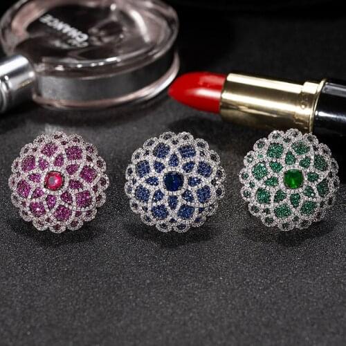 Funmode Luxury Rose Flower Shape Red Blue Cubic Zircon Wedding Party Ring Bridal Jewelry anillos mujer Wholesale FR182