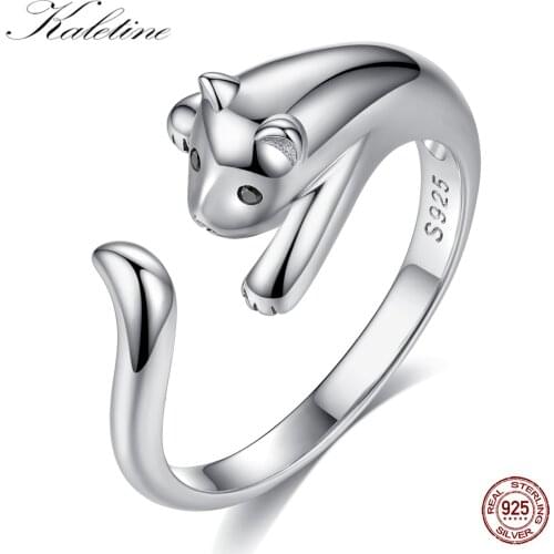 KALETINE 925 Sterling Silver Rings for Women Naughty Cat Finger Cute Long Tail Black CZ Eye Wedding Jewelry Wholesale Lots Bulk