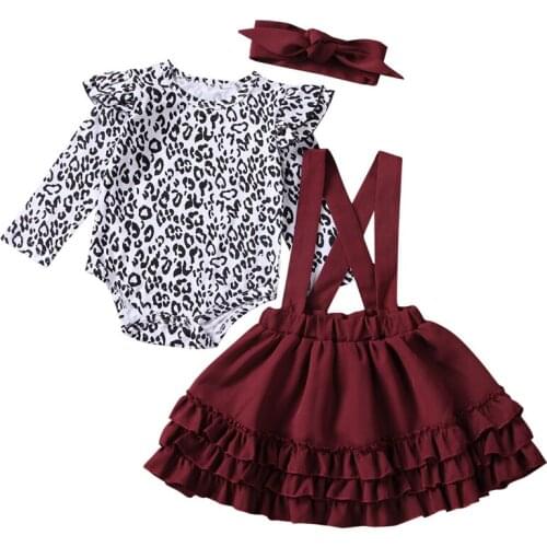 3PCS Leopard Set Kids Baby Girls Children Clothing Ruffle Romper Tops+Red Mini Skirt Outfits Boutique Toddler Girl Clothing