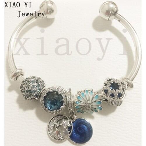 XIAOYI 2020 New 100% S925 Blue moon and stars amulet Starmoon flower Daisy square crystal zircon bracelet for girlfriend female