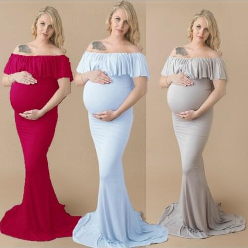 New maternity photo dress solid color wrapped chest word collar ruffle trailing loose comfortable pregnant women dress