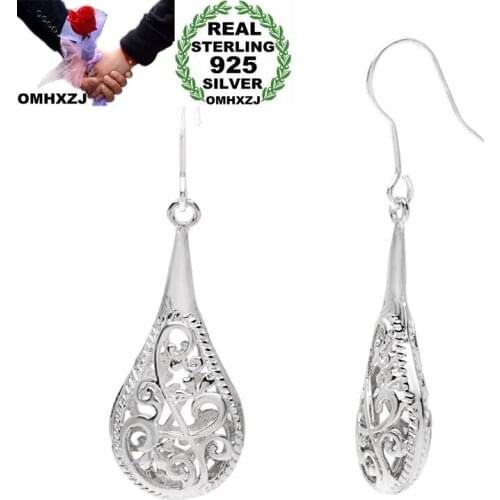 OMHXZJ Wholesale European Fashion Woman Girl Party Wedding Gift Silver Vintage Hollow 925 Sterling Silver Drop Earrings EA349