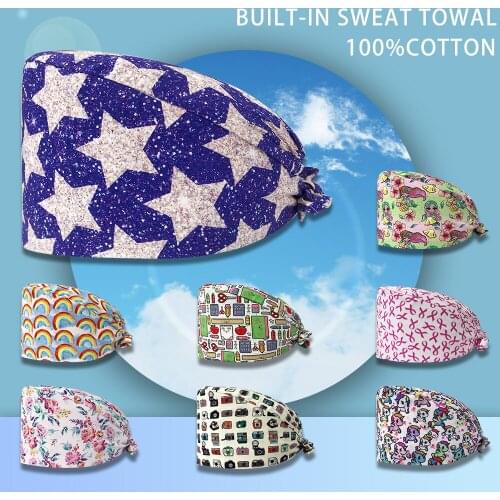 Wholesale High Quality cartoon print sweat-absorbent Scrub hat cute hats spa lab men and women Beautician adjustable Scrub caps