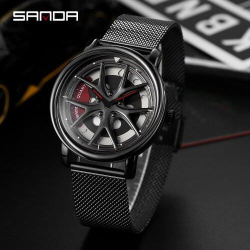 SANDA NEW FashionTop Brand Mens Watches Wheel Dial Watch Waterproof Sport Rotating Casual Watch Quartz Mesh Watch Relogio 1025