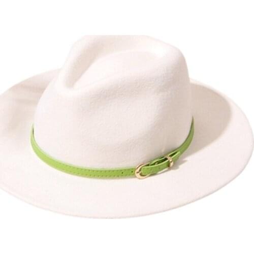 New style flat brim white woolen hat womens wide brim fedora hat autumn and winter concave top green belt Panama hat felt hat