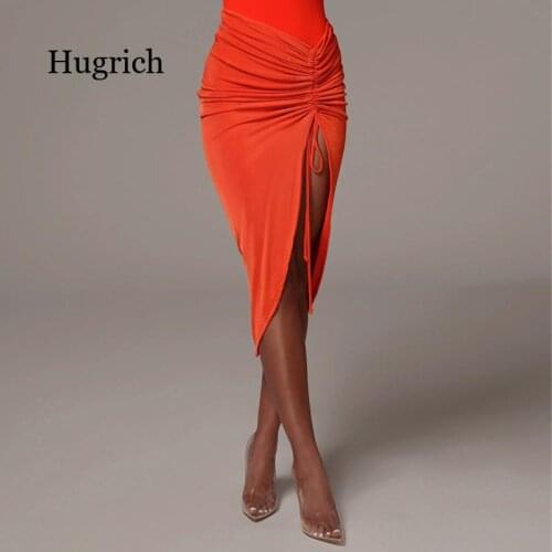 Drawstring Ruched Women Midi Skirt Slit High Waist Elegant Bodycon Sexy Streetwear Party Club 2021 Summer Pencil Skirt