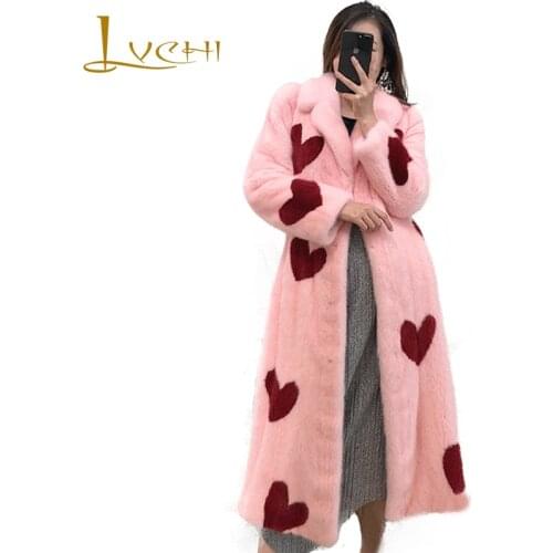 LVCHI 2019 Winter Swan Velvet Mink Fur Coat Real Fur Pink Print Red Heart Coats Women Turn-Down Collar X-Long Mink Fur Coats