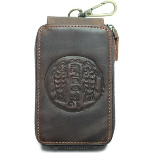 High quality crazy horse leather god beast pattern design car Key Wallets vintage style men zipper keys case bag
