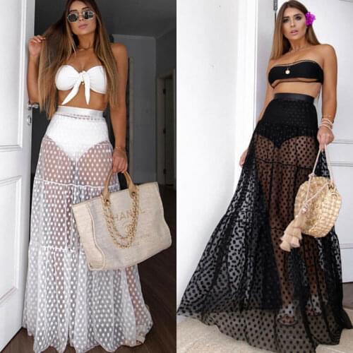 NEW Women Sexy See Through Cover Up Swimwear Sheer Mesh Dot Skirt Beach Maxi Wrap Long Skirt Summer Bathing Suit Cover-Ups
