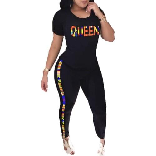 Women Casual QUEEN Color Letters Print Short Sleeve T-shirt Top Pencil Pants Active Two Piece Set Streetwear Suit S-4XL