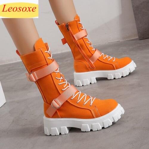 2021 New Autumer Womens Boots Fashion Canvas Boots Platform Comfortable Boots Zipper Casual Mid-calf Round Toe Thick Boots