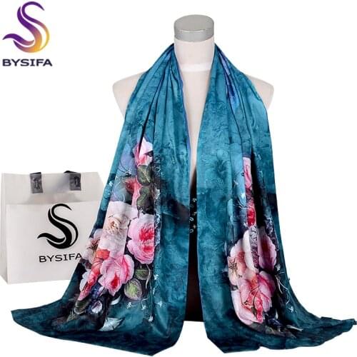 [BYSIFA] Fashion Winter Scarves Women Brand Silk Scarf Shawl Roses Floral Double Faces Buttons Ink Blue Long Scarves 175*50cm