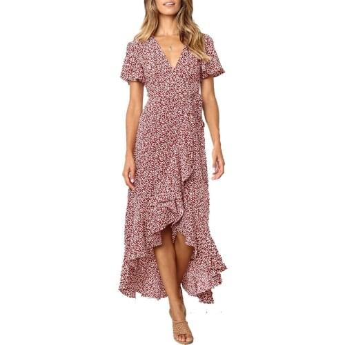 2020 summer new dresses printed V neck short sleeved chiffon irregular ladies dress fashion casual women dress maxi dress tops