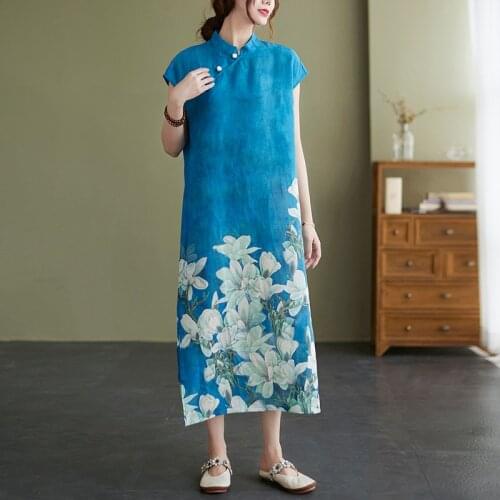 2021 New Arrival Chinese Style Vintage Dress cheongsam Cotton Linen Print Floral Loose Summer Dress Women Casual Dress Robes