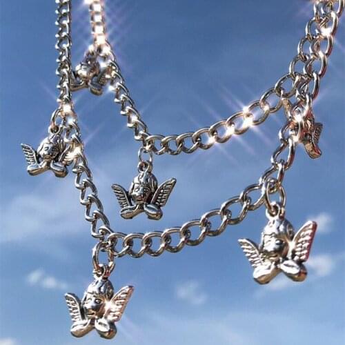 1 Pc 2021 Vintage Harajuku Angel Pendant Goth Punk Metal Necklace for Women Cool Girls Hip Hop Chain Choker Trendy Jewelry Gift