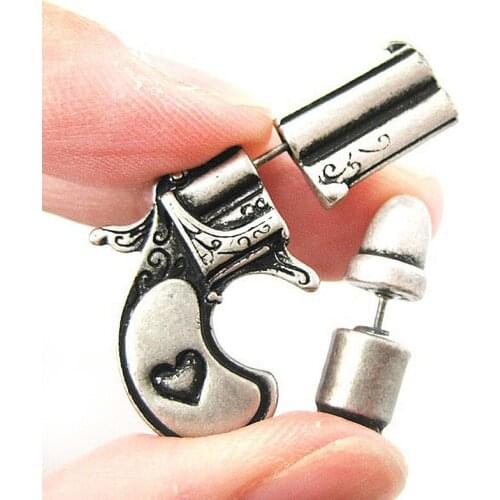 Everfast 2pc/Set Punk Style 3d Fake Gauge Double Sided Pistol Gun and Bullet Faux Plug Earrings For Women