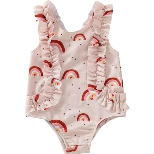 Toddler Swimming Sleeveless Bodysuit with Rainbow Pattern Printing, Ruffle Decoration Sweet Style Summer Kids Clothes Girls